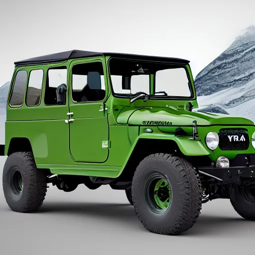 Prompt: closeup of a green Toyota Fj43 build in 1981, traveling through the mountains, black roof, with a roof rack, detailed, 8K, octane render, 8K,-n 9