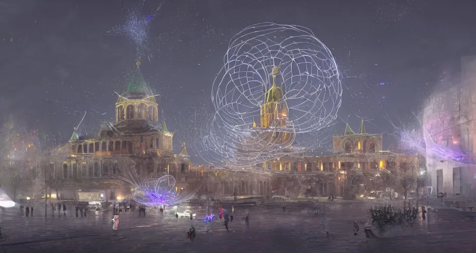 Prompt: pepople and a spiral - shaped white luminous attractor is floating near kremlin, concept art, art for the game, professional lighting, art