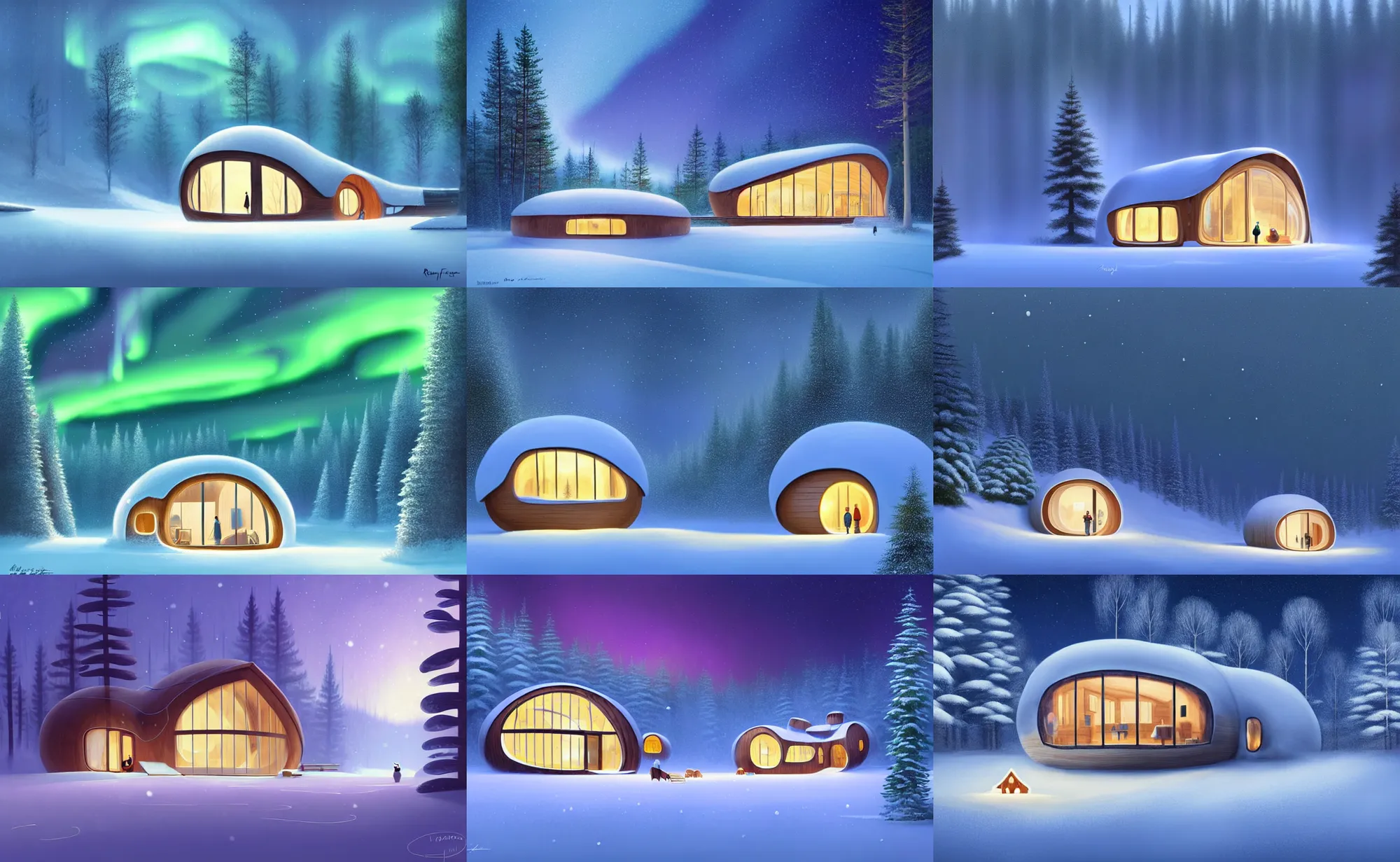 Prompt: a cosy wooden modern eco house shaped like a bubble with large windows in a snowy fir forest near a frozen pond in winter at night, peaceful and quiet, cozy, aurora borealis, detailed digital painting by goro fujita, by rhads, by raphael lacoste