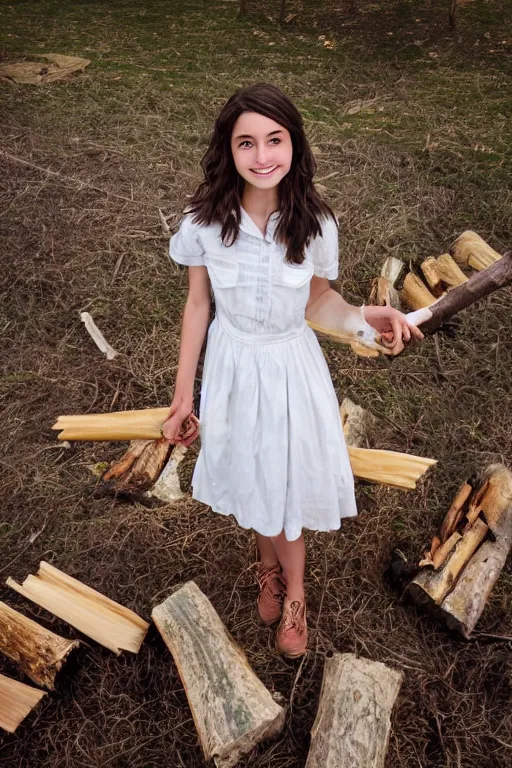 Image similar to a middle-school girl with unkempt wavy short brown hair wearing a white dress and holding a bundle of firewood, high resolution film still, 8k, HDR color, short hair