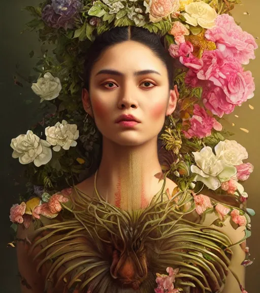 Prompt: portrait of a chullachaqui, surrounded by flowers by karol bak, james jean, tom bagshaw, rococo, trending on artstation, cinematic lighting, hyper realism, octane render, 8 k, hyper detailed.