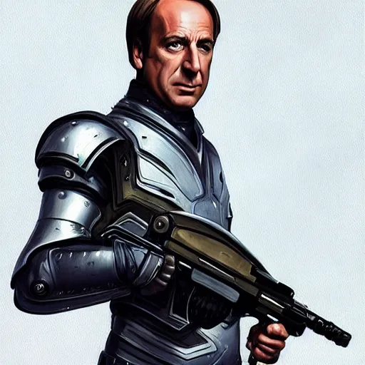 Prompt: Movie still of Saul Goodman wearing futuristic futuristic futuristic armour while holding a machine gun, highly detailed, digital painting, artstation, concept art, sharp focus, illustration, art by Tony Sart and artgerm and randy vargas