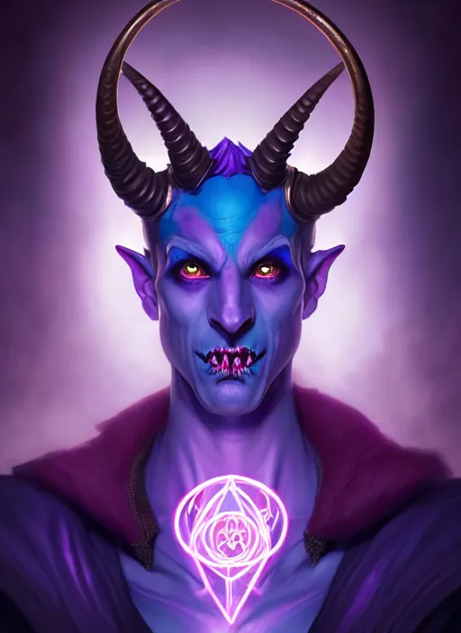 Prompt: symmetry!! portrait of a mischievous trickster male purple and teal skinned tiefling with demon horns and piercings, glowing lights!! intricate, elegant, highly detailed, digital painting, artstation, concept art, smooth, sharp focus, illustration, art by artgerm and greg rutkowski and alphonse mucha