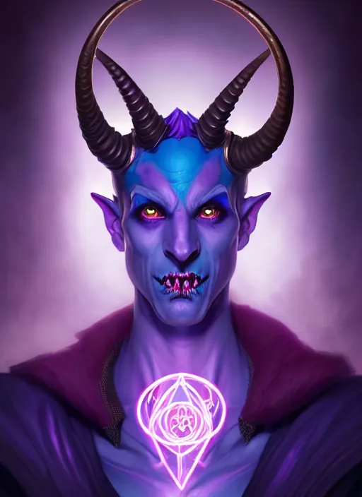 Image similar to symmetry!! portrait of a mischievous trickster male purple and teal skinned tiefling with demon horns and piercings, glowing lights!! intricate, elegant, highly detailed, digital painting, artstation, concept art, smooth, sharp focus, illustration, art by artgerm and greg rutkowski and alphonse mucha