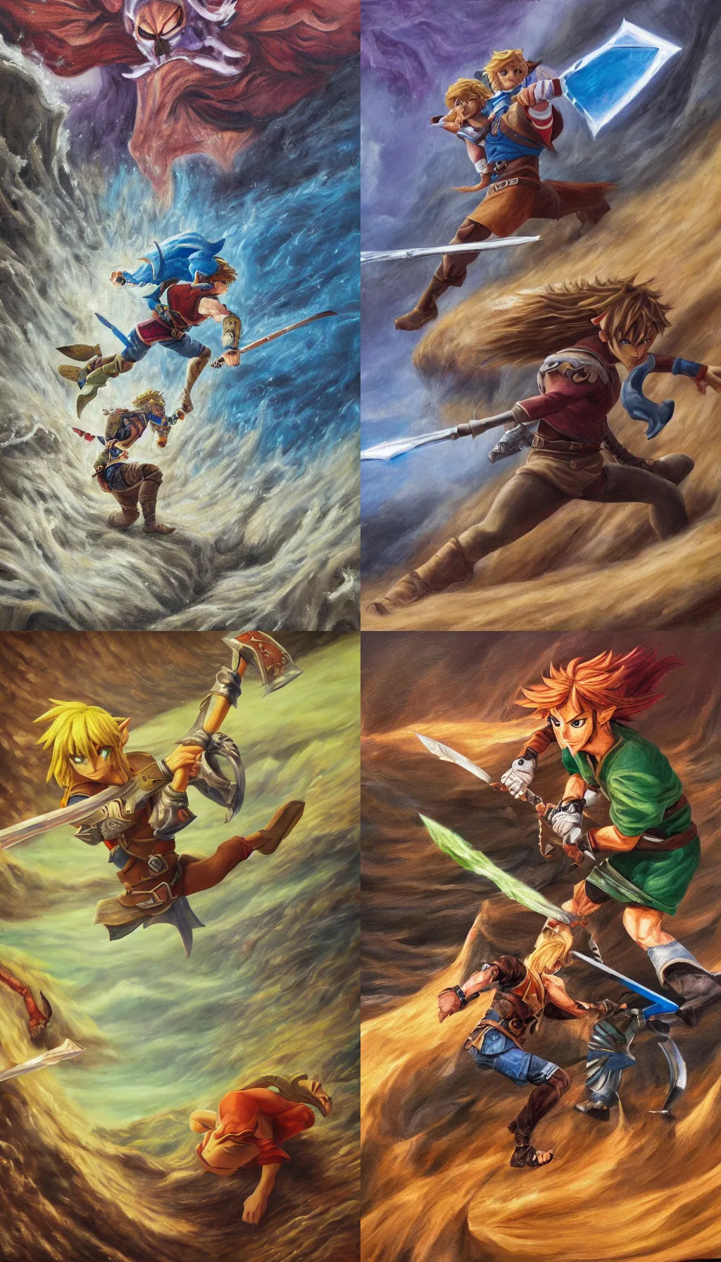 Prompt: oil painting of link fighting molgera in a sandy chamber