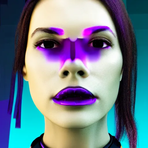 Image similar to headshot artwork of a cyberpunk woman wearing thick steel choker around neck, 4K, detailed face, collar on neck, realistic, artstation, neon purple, purple,