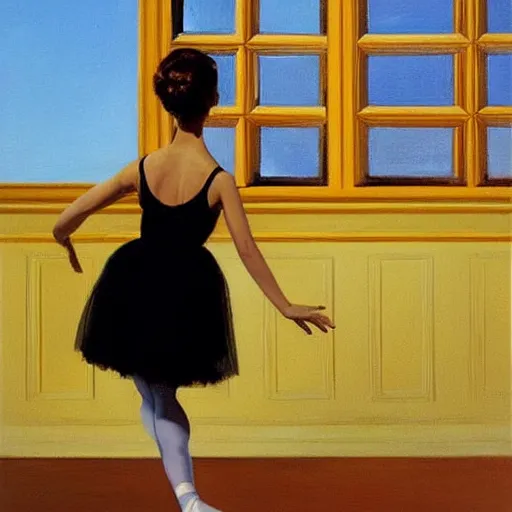 Image similar to artwork portrait painting of a ballet dancer in a black tutu standing in front of a window showing a perfect blue sky by jack vettriano h 6 4 0