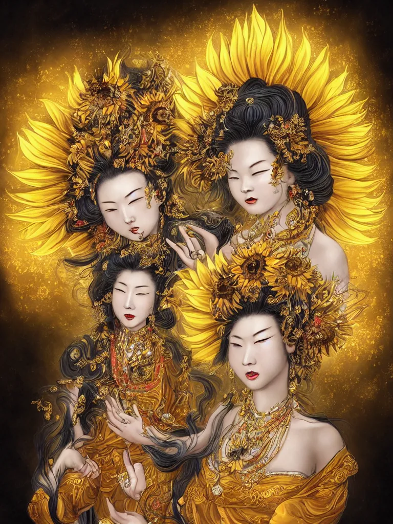 Prompt: Graceful portrait of the Sunflower Goddess, a Chinese female deity who brings joy and light onto the world with her smile and by channeling energy from the sun. Insanely nice professional hair style, dramatic hair colour, digital painting of a old 17th century, amber jewels and golden gemstones, baroque, ornate clothing, sci-fi, dark blue smoke background, flames, very realistic, chiaroscuro, art by Franz Hals and Jon Foster and Ayami Kojima and Amano and Karol Bal.
