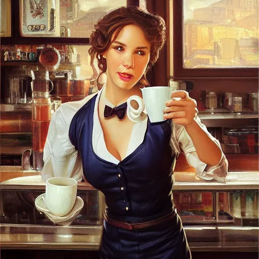 Prompt: portrait of a waitress drinking coffee, digital painting, artstation, concept art, donato giancola, Joseph Christian Leyendecker, WLOP, Boris Vallejo, Breathtaking, 8k resolution, extremely detailed, beautiful, establishing shot, artistic, hyperrealistic, octane render, cinematic lighting, dramatic lighting, masterpiece, light brazen, extremely detailed and beautiful face, centered, smooth, sharp focus