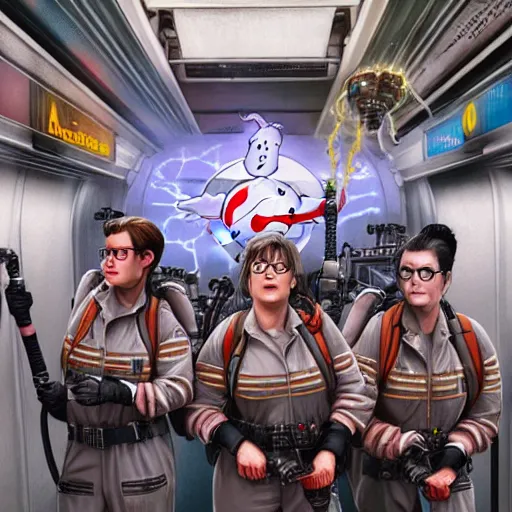 Image similar to ghostbusters on the ny subway, hyper detailed, dramatic lighting, cgsociety, realistic, hyper detailed, insane details, intricate, dramatic lighting, hypermaximalist, golden ratio, rule of thirds, octane render, weta digital, micro details, ultra wide angle, artstation trending, 8 k,