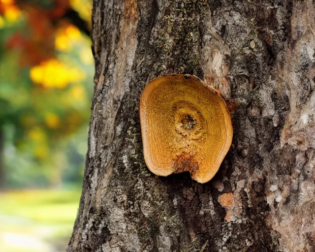 Prompt: bracket fungus on a tree, photograph, autumn, hd, depth of field