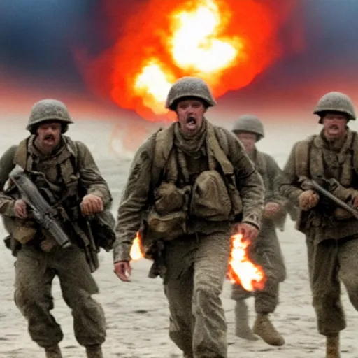 Image similar to american soldiers running at the camera during normandy beach landing with fiery explosions and debris all around them in the style of the movie lone survivor and saving private ryan, gritty, 4 k, cinematic lighting,