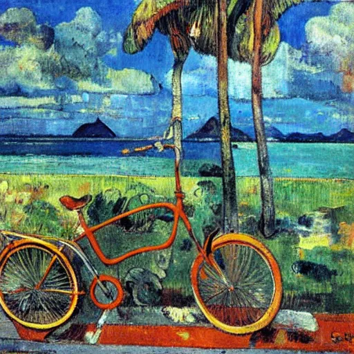 Prompt: painting of a bicycle in french polynesia by gauguin