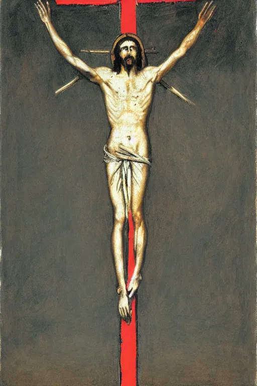 Prompt: bloody jesus christ crucified with a ufo of light right above his head painted by cy twombly and andy warhol