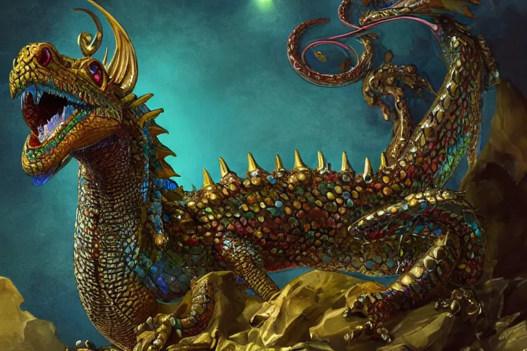 Image similar to a jeweled scaly dragon on top of treasure, by Warwick Goble and Howard Pyle, iridescent scales, heaps of gold, dramatic lighting, featured on artstation, unreal engine, extremely detailed