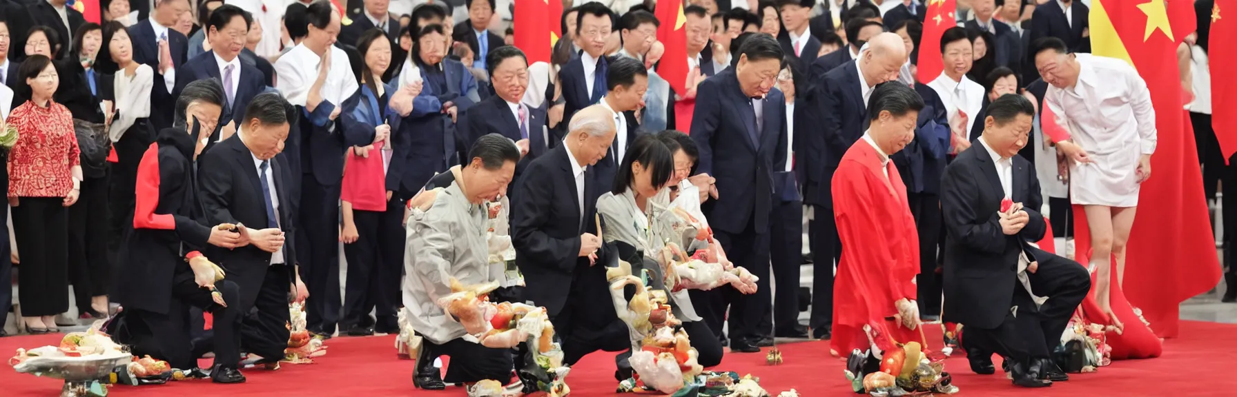 Prompt: Tsai Ing-wen kneeling down on knees before Xi Jinping standing, her mouth nearby his waist, Joe Biden kneeling down on knees behind her holding a hotdog, photorealistic, ultrarealistic photography, 8k