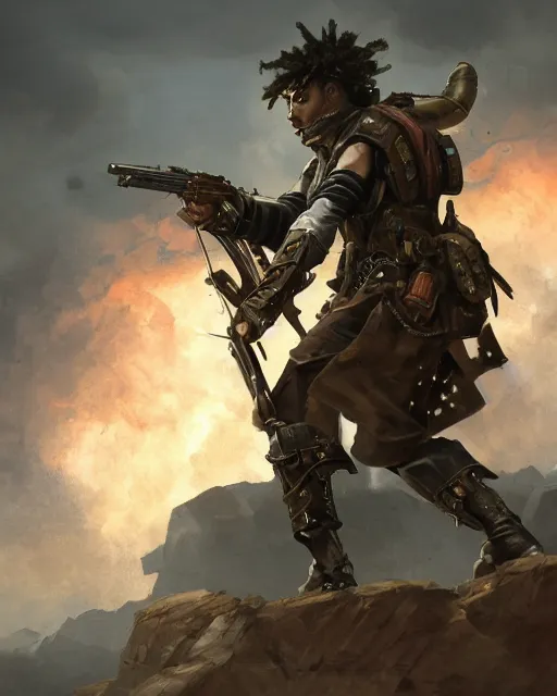 Prompt: oil painting of a Steampunk Sharpshooter Warrior, sharp focus, holding a sniper rifle, heroic pose, fantasy style, octane render, volumetric lighting, 8k high definition, by greg rutkowski, highly detailed, trending on art Station, magic the gathering artwork, Battlefield backround, centered