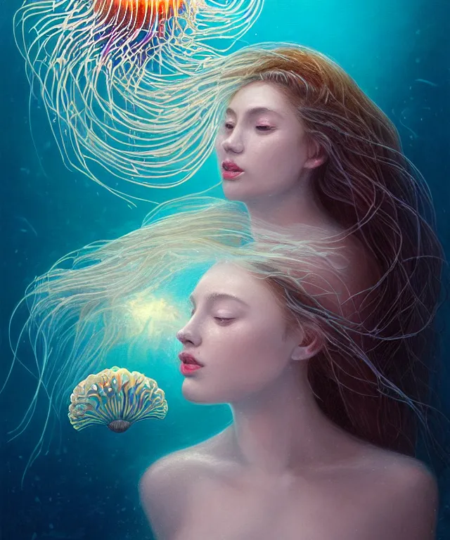 Image similar to underwater portrait of a goddess mermaid with (reaction diffusion) scaled fish skin Bioluminescent phoenix jellyfish, energy rays, Her breath shot a haze of steam out into the frosty morning air concept, soft light, soft mood, realistic body features and face, illustration,intricate ornament halo, painting oil on canvas by Elena Zhurikhina and Goro Fujita and Charlie Bowater, octane render trending on artstation, 4k, 8k, HD