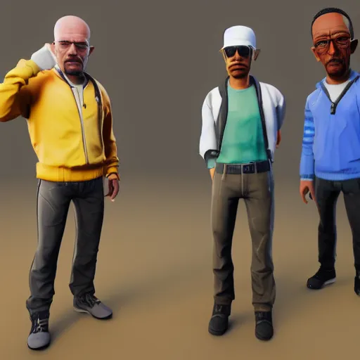 Prompt: walter white, jesse pinkman, and gus fring as fortnite skins, 3 d model, high resolution