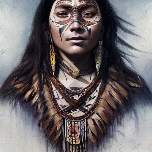 Image similar to A native american Ruler, facial tattoos, techwear, artists portrait, futuristic, fantasy, highly detailed, digital painting, concept art, sharp focus, depth of field blur, illustration, art by artgerm and greg rutkowski and alphonse mucha