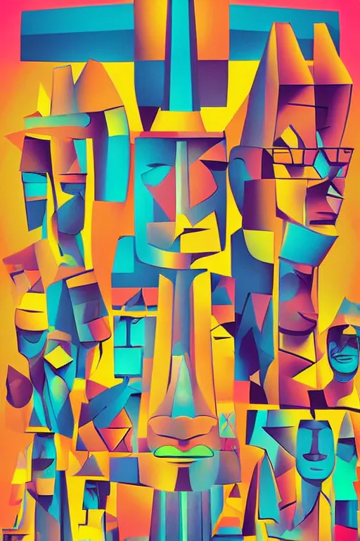 Image similar to cubist moai statue cutout digital illustration cartoon colorful beeple