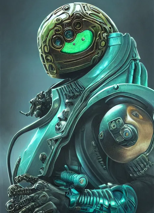 Image similar to cybernetic hockey mf doom reptile eyes, teal metal skin, modular synth body, intricate, elegant, highly detailed, centered, digital painting, artstation, concept art, smooth, sharp focus, illustration, artgerm, tomasz alen kopera, peter mohrbacher, donato giancola, joseph christian leyendecker, wlop, frank frazetta