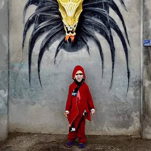 Image similar to The street art features a young boy disguised as a dragon. The boy is shown wearing a costume with dragon-like features, including a long tail, wings, and horns. He has a large grin on his face, suggesting that he is enjoying his disguise. by Scarlett Hooft Graafland robust