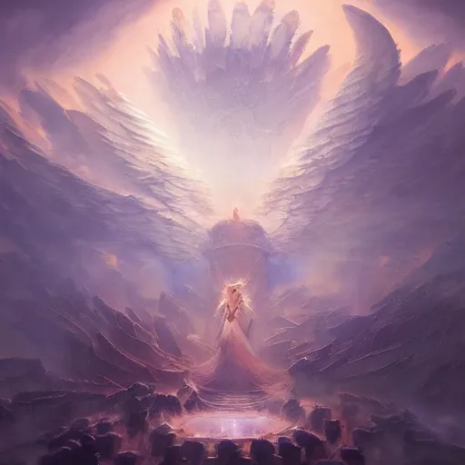 Image similar to concept art of absolutely gorgeous rendition of heaven and beautiful marble structure with many spirits and angels, artstation, glorious lighting, heavenly perfection. painterly strokes by dreadjim and greg rutkowski, james gurney, iridescent lighting and colors