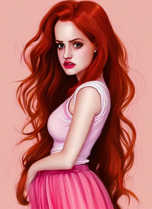 Image similar to full body portrait of teenage cheryl blossom, bangs, green eyes, sultry expression, red hair, sultry smirk, bangs and wavy hair, pink skirt, bangs, intricate, elegant, glowing lights, highly detailed, digital painting, artstation, concept art, smooth, sharp focus, illustration, art by wlop, mars ravelo and greg rutkowski