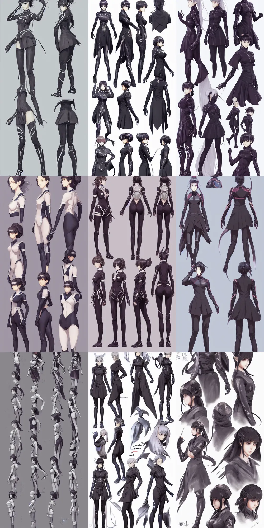 Prompt: concept character sheet, beautiful anime style women with a gorgeous symmetrical faces and bodies, futuristic fashion, tech gear, traditional japan school uniform, intricate, elegant, highly detailed, digital painting, artstation, concept art, smooth, sharp focus, illustration, beautiful light and shadows, art by artgerm and greg rutkowski and krenz cushart and wlop
