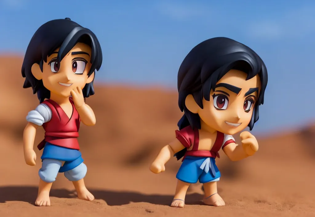 Image similar to side view of young aladdin of disney movie as nendoroid running in desert village, 8 k hd dof, kodak film,