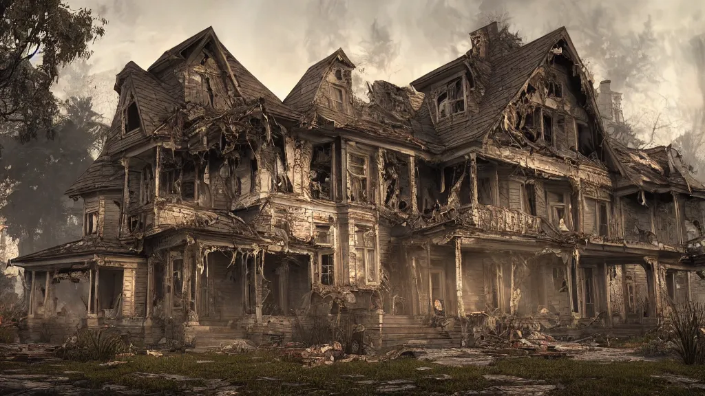 Image similar to a haunted destroyed house, trending on artstation, wide view, cinematic view, cinematic, 8 k, digital photo, unreal engine, colored paint, colorful paint, scary style