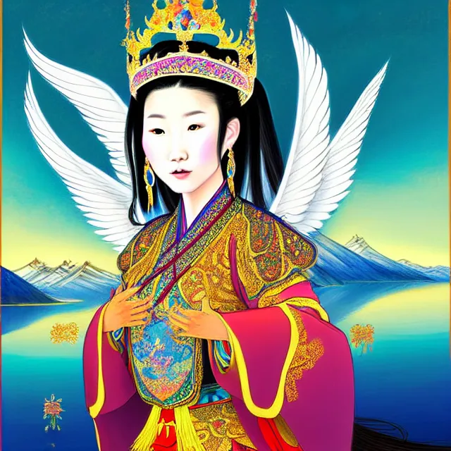 Image similar to portrait of a beautiful asian mongolian princess goddess spreading its wings, portrait of princess wearing a beautiful ornate crown, in the background lake baikal is seen, in the art style of bagshaw tom, by bagshaw tom