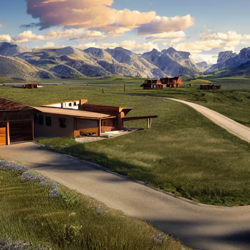 Image similar to montana alpine landscape with windy road and modern homes designed by charles haertling scattered on the mountainsides, photo realism, dramatic lighting, from a dream, high quality digital art, unreal engine