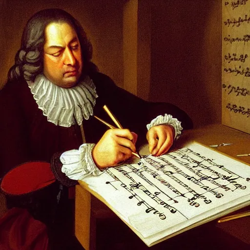 Image similar to highly detailed painting of bach writing a piece of music on a sheet of paper, he is inside of a wooden shack, 4 k resolution, by jaquis luis david, visible paint layers, renaissance.