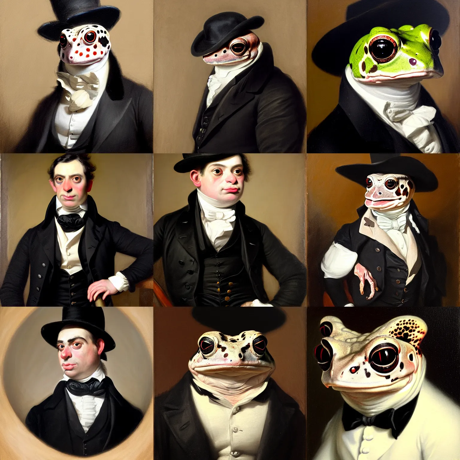 Prompt: a head - and - shoulders portrait of an amazon milk frog wearing a black - colored buttoned waistcoat, a portrait painting by john trumbull, trending on artstation, american romanticism, artstation hd