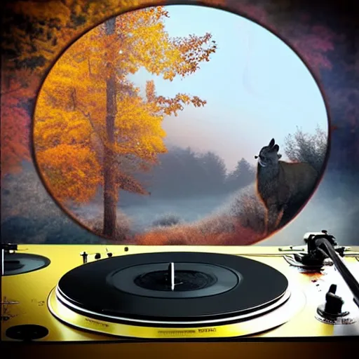 Image similar to “a deer dj playing on turntables, hyperexpressive beatiful matte painting, dynamic scene”