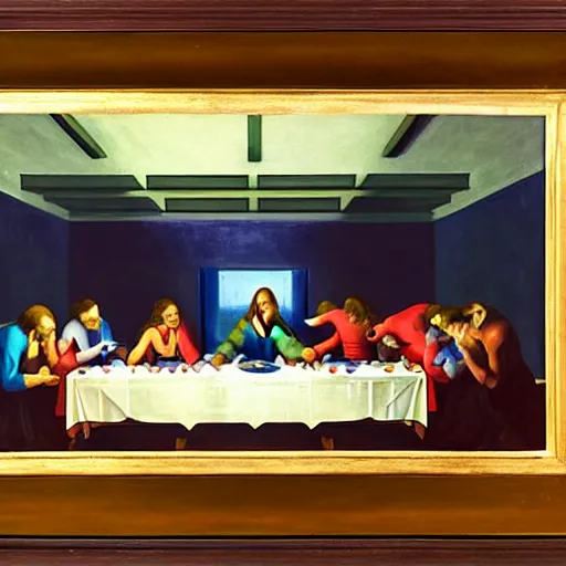 Image similar to 1942 oil on canvas painting by Edward Hopper, the last supper