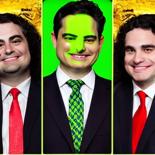 Prompt: ben shapiro with big horns and long curls, sinister smile with green slime dripping from mouth, dollar signs, cinematic