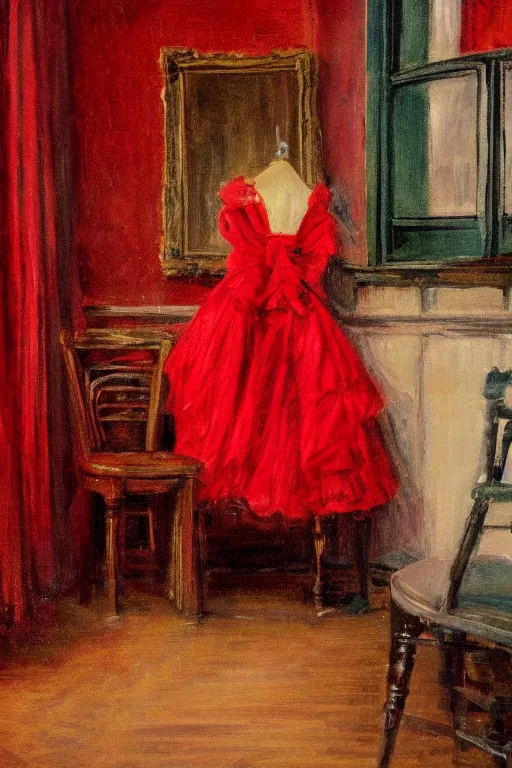 Image similar to a red dress laid across a chair in a dark victorian era room. in the style of american impressionism painting.