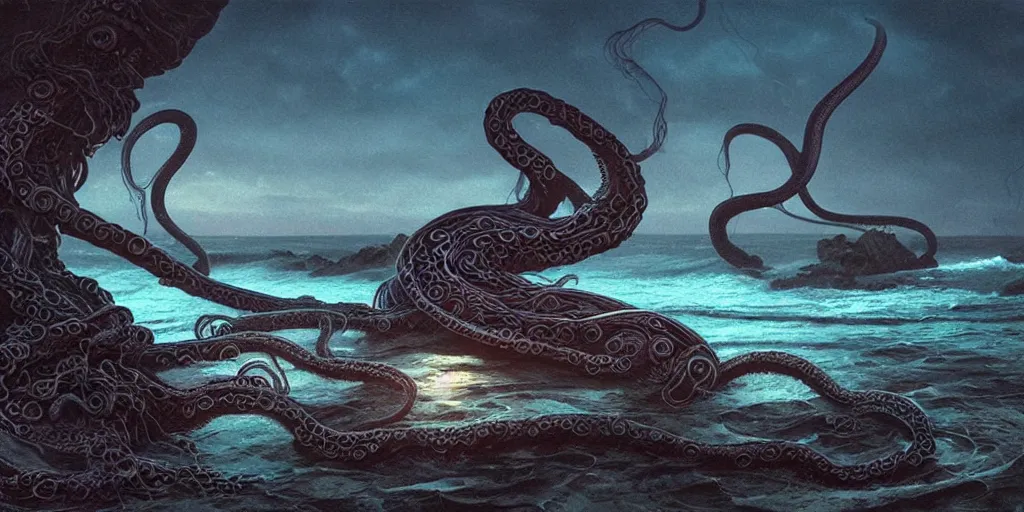 Image similar to landscape view on an old fishing village at night, a tentacled creature emerging from the ocean on the right, night colors, high - key lighting, beautiful composition, intricate, gradient from green to black, pro photography by, highly detailed, digital painting, art by artgerm and greg rutkowski and alphonse mucha, smooth, sharp focus illustration