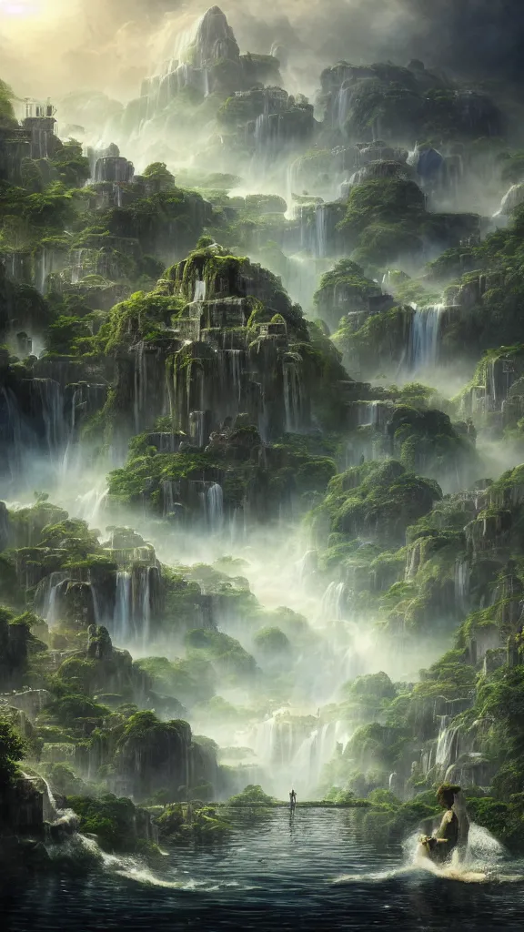 Prompt: a surreal dreamlike scene of the lost city of the erudites floating in the clouds, waterfalls, extravagant matte painting, highly detailed oil painting, 8k, devastatingly beautiful atmosphere, elegant cinematic fantasy art, overwhelming depth and detail, magic, vibrant colors, intricate masterpiece