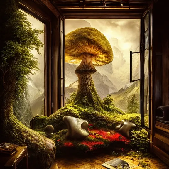 Image similar to fantastical living room with switzerland landscape in the window by marc adamus, beautiful dramatic lighting, overgrown with funghi, style by peter deligdisch, peterdraws