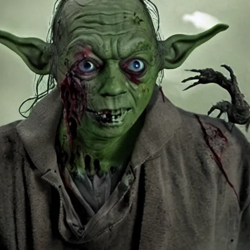 Prompt: zombie yoda as a zombified zombie in the walking dead, photograph, hyper realistic