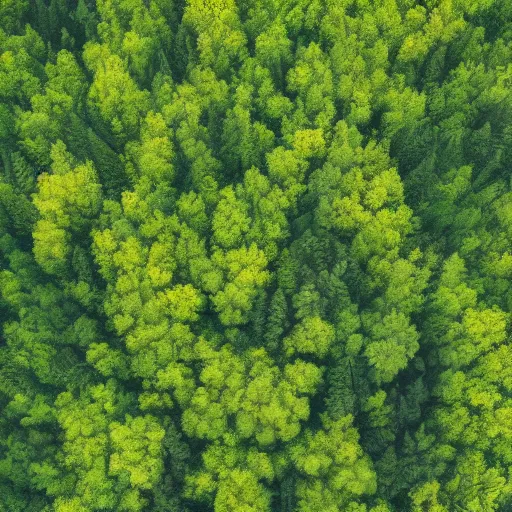 Image similar to a view from the sky of a thick forest with varying tree types, green, painted, high resolution