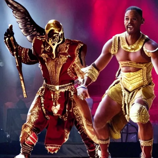 Prompt: will smith slap chris rock in the face, dressed as gladiator, with angels wings, in theater