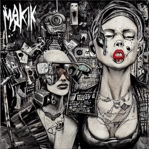 Image similar to punk album cover, black, white, orange, psychedelic, new age, magic, enki bilal