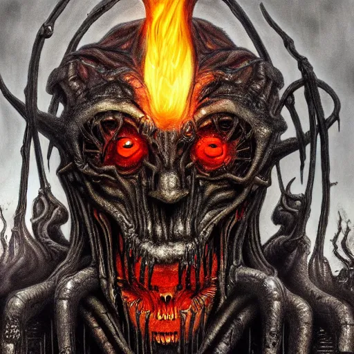 Image similar to giger elden ring doom demon portrait with humanoid face, fire and flame, Pixar style.