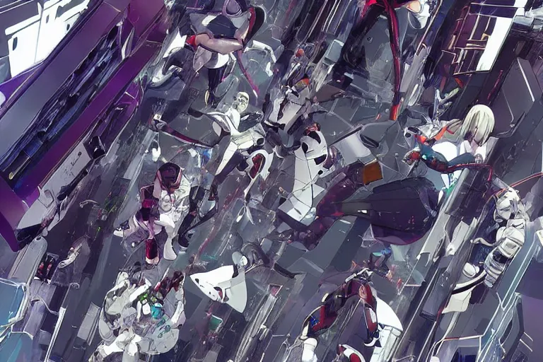 Image similar to a cyberpunk anime illustration of a group of female androids' body parts lying scattered over an abstract, empty, white floor, by masamune shirow, hajime sorayama and katsuhiro otomo, view from above, minimalist