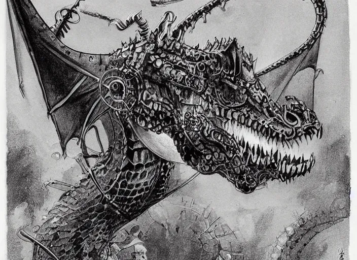 Image similar to illustration, real dragon with steam punk tanks and pipes on its side, white background, Charles Dana Gibson, Olivia Kemp, julia Hill